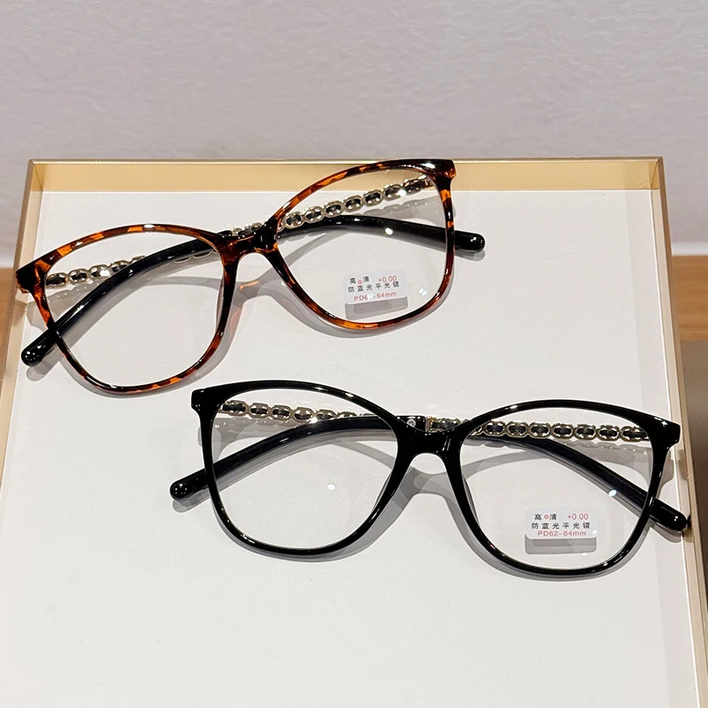 New Retro Cat-Eye Presbyopia Glasses Women's Brand Design Chanel-Style Chain-Woven Anti-Blue Light Reading Glasses 0 To +4.0