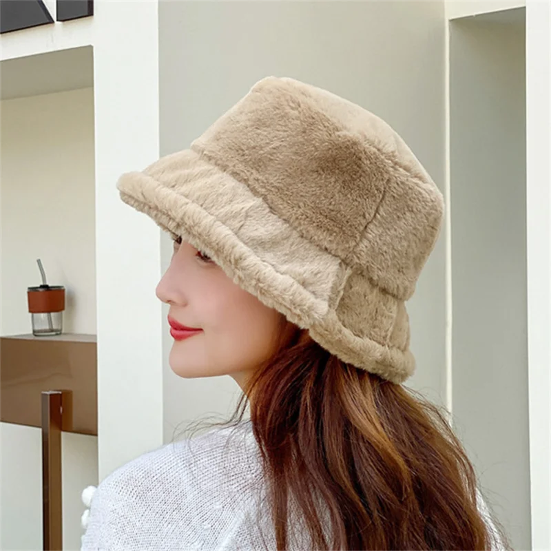 Women Warmer Thick Hat Autumn Winter Bucket Hat Cool Panama Lady Lamb Wool Outdoor Solid Color Fisherman Sunscreen Cap Unisex