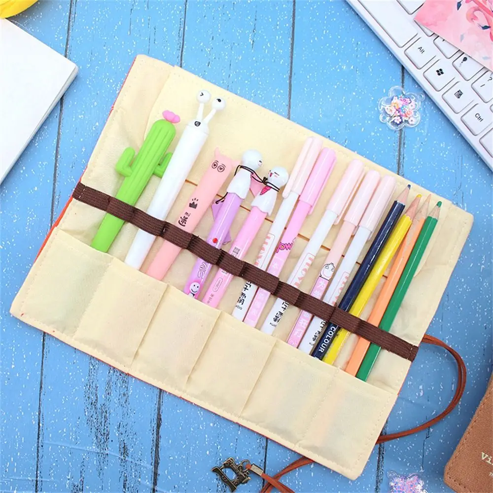 12 Holes Pencil Case Roller Pen Bag Large Capacity Roll Up Pen Bag Retro Style Cosmetics Bag Roll Pencil Bag School Supplies
