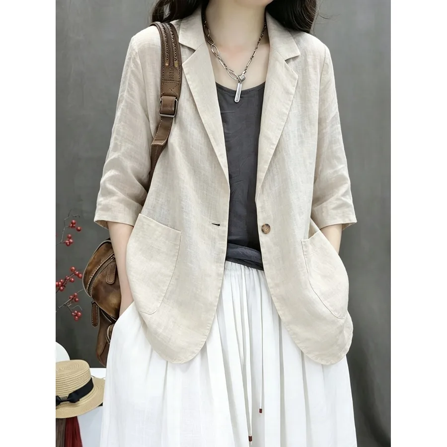 

Casual Cotton Linen Suit Jacket Women's plus Size Summer New Style Commute Artistic Seven Sleeve Women's Shirt Fashionable