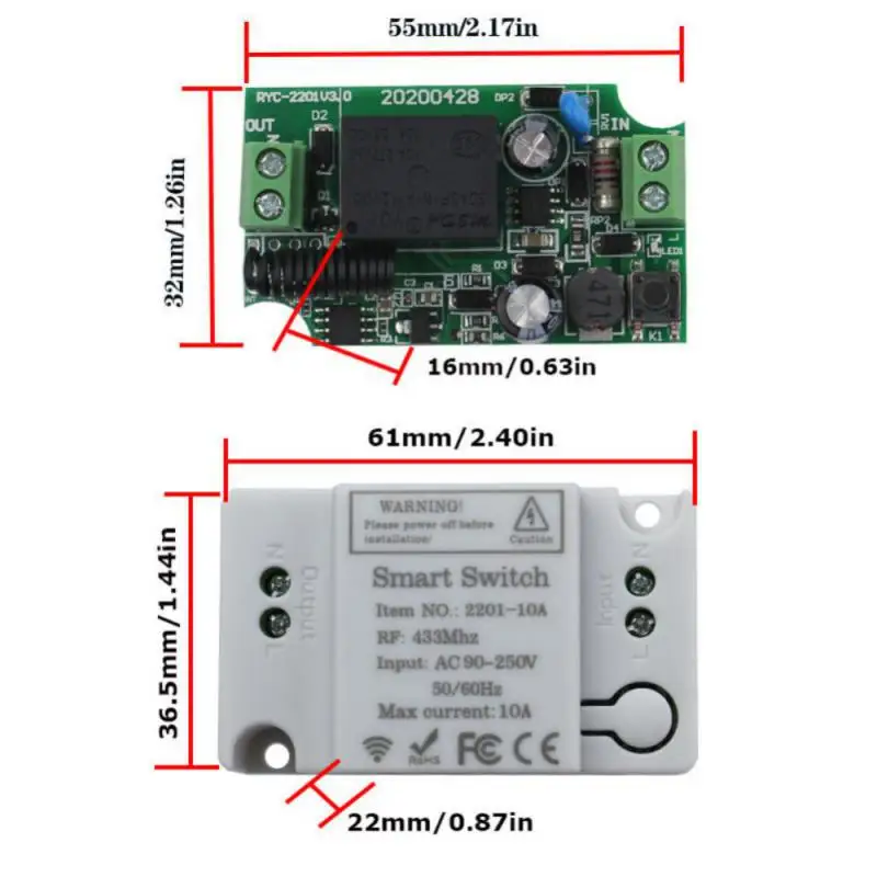 Interruttore Wireless RF 433Mhz Smart Switch pannello a parete con telecomando AC90V ~ 250V Mini ricevitore relè per ventola lampada a luce LED