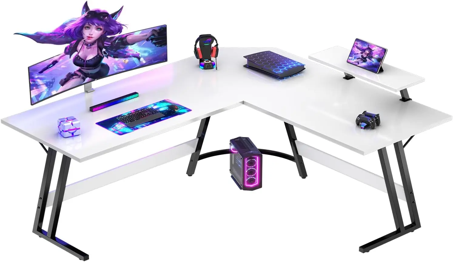Stolik pod monitor 150 x 130 cm, narożny stolik komputerowy, biurko gamingowe w kształcie litery L do nauki, gry i pracy, biały