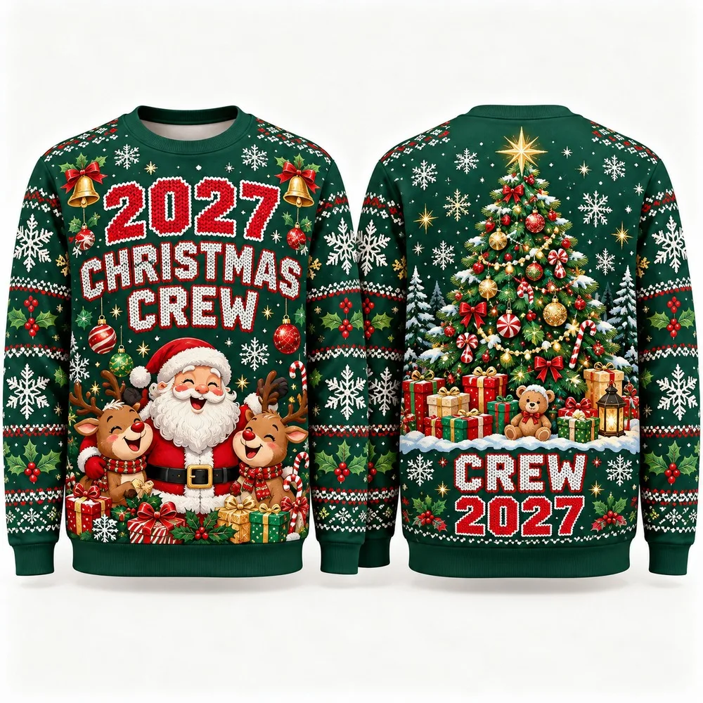 New2027 Christmas Crew Ugly Christmas Sweater 3D Printed Polyester Crewneck Pullover Long Sleeve Men Women Holiday Sweaters