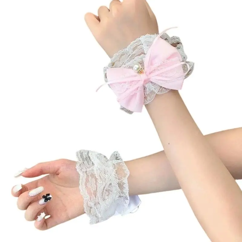 Decorative Lace Wrist Cuffs with Center Accent and Sheer Mesh Ruffle Trim, Matching Pair for Photo and Party Styling 6XDA