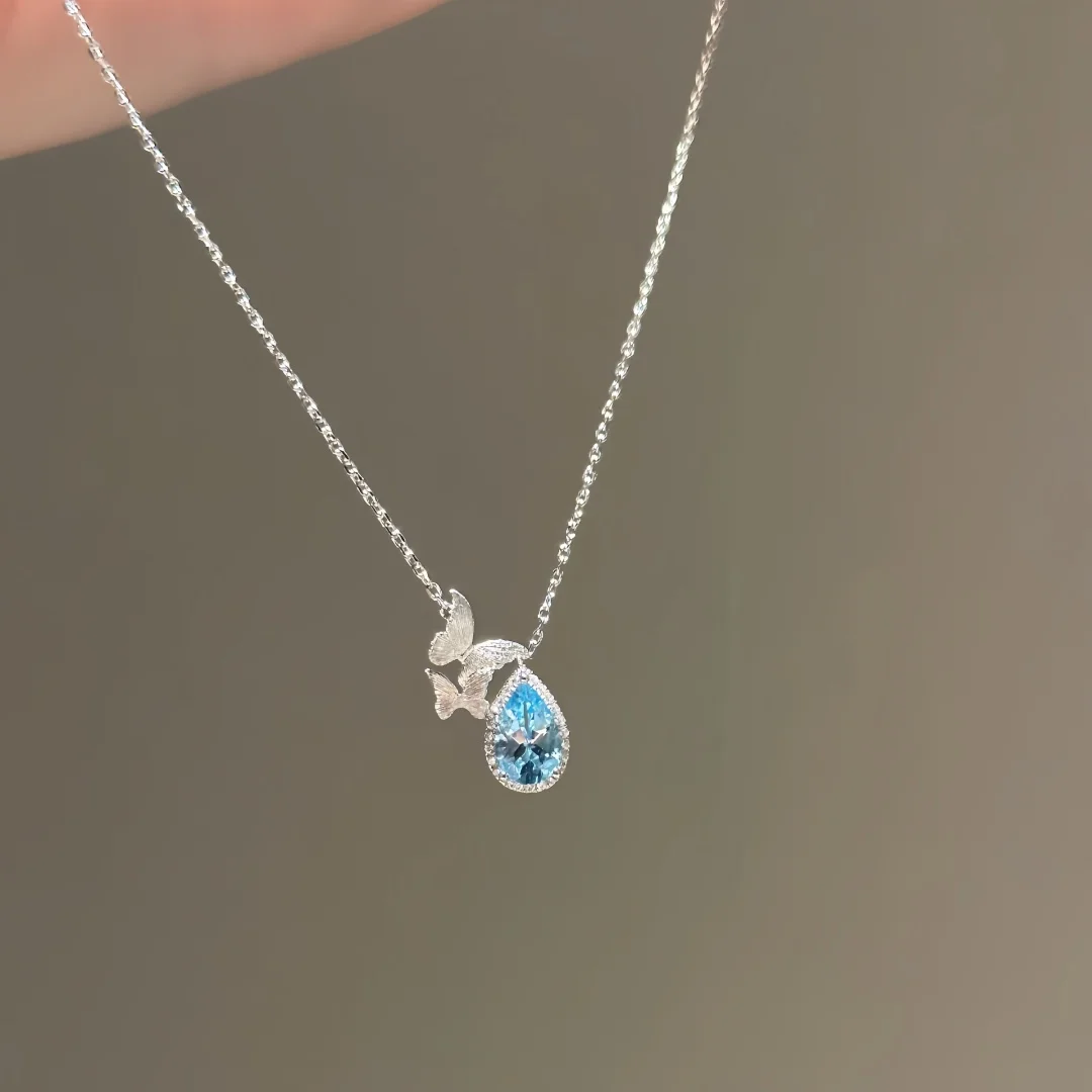 925 Sterling Silver Light‑Luxury Fashion Ethereal Brushed‑Finish Butterfly Wing Water‑Drop Blue Necklace