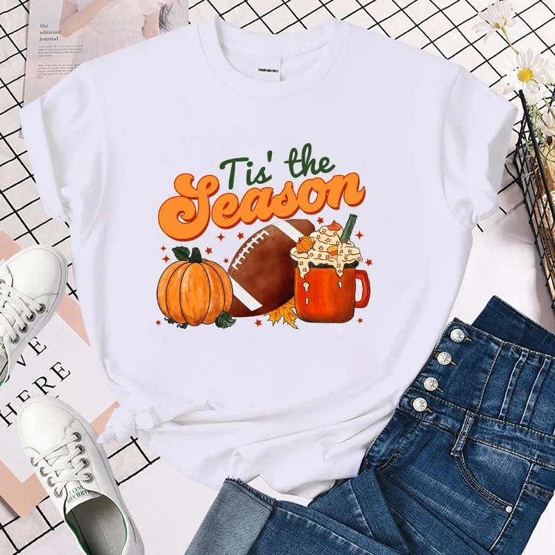 (Premium T-shirt)Funny Fall Tis The Season Print T-Shrits For Women Summer Short Sleeve Round Neck Cute Loose T-Shirt tops