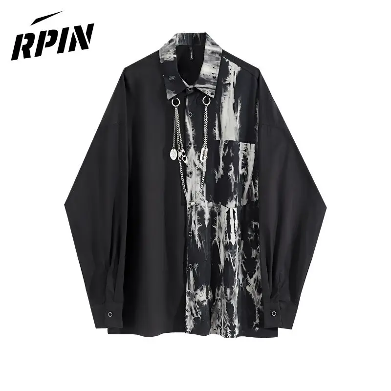 

Juspinice Hip-hop Retro Tie-dye T-shirt Men's Summer Loose Splicing Butterfly Necklace Long Sleeve Turn-down Collar Casual Tops