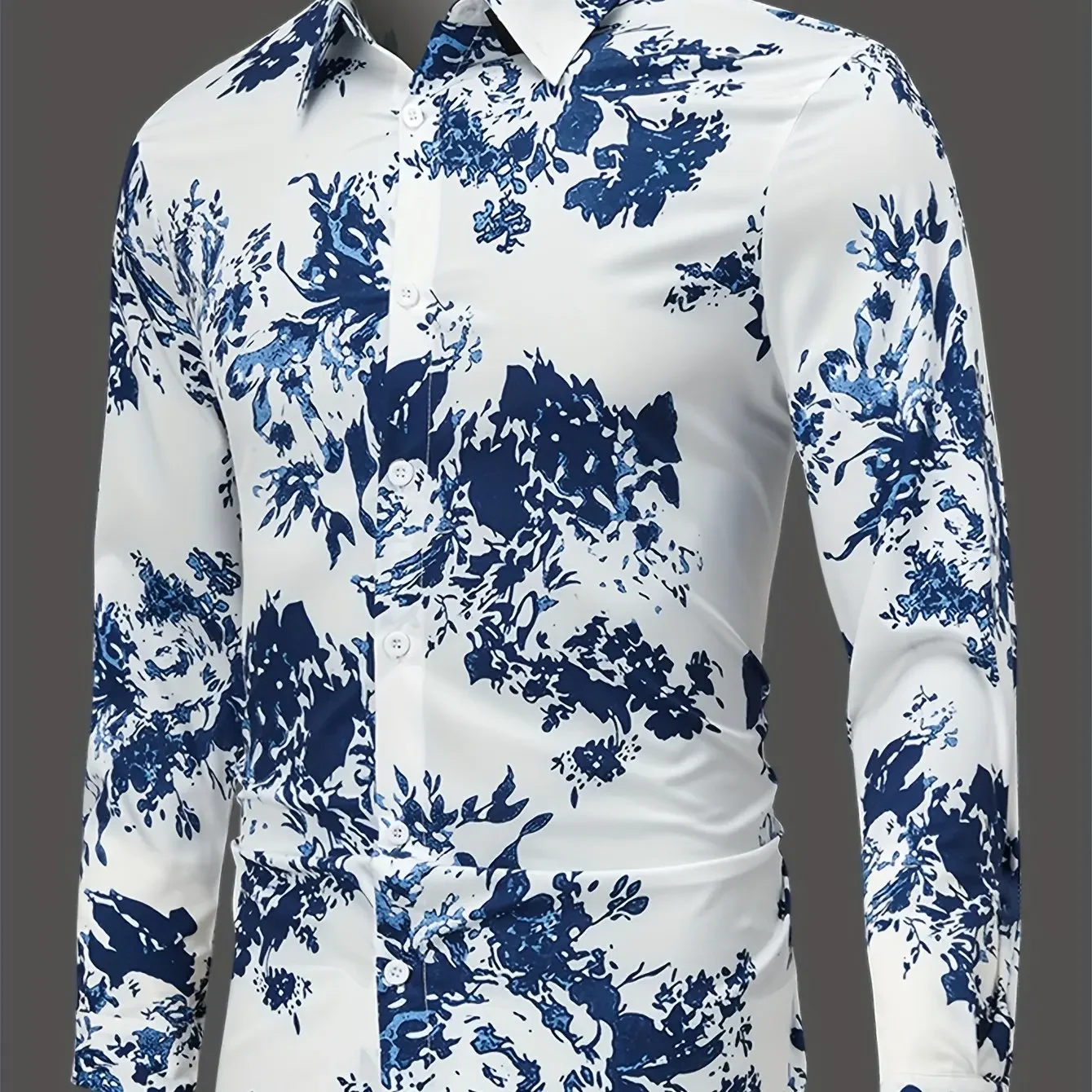 2024 New Men's Fashion Floral Pattern Shirt, Casual Breathable Roll-down Button Long Sleeve Shirt Top For Outdoor Activities