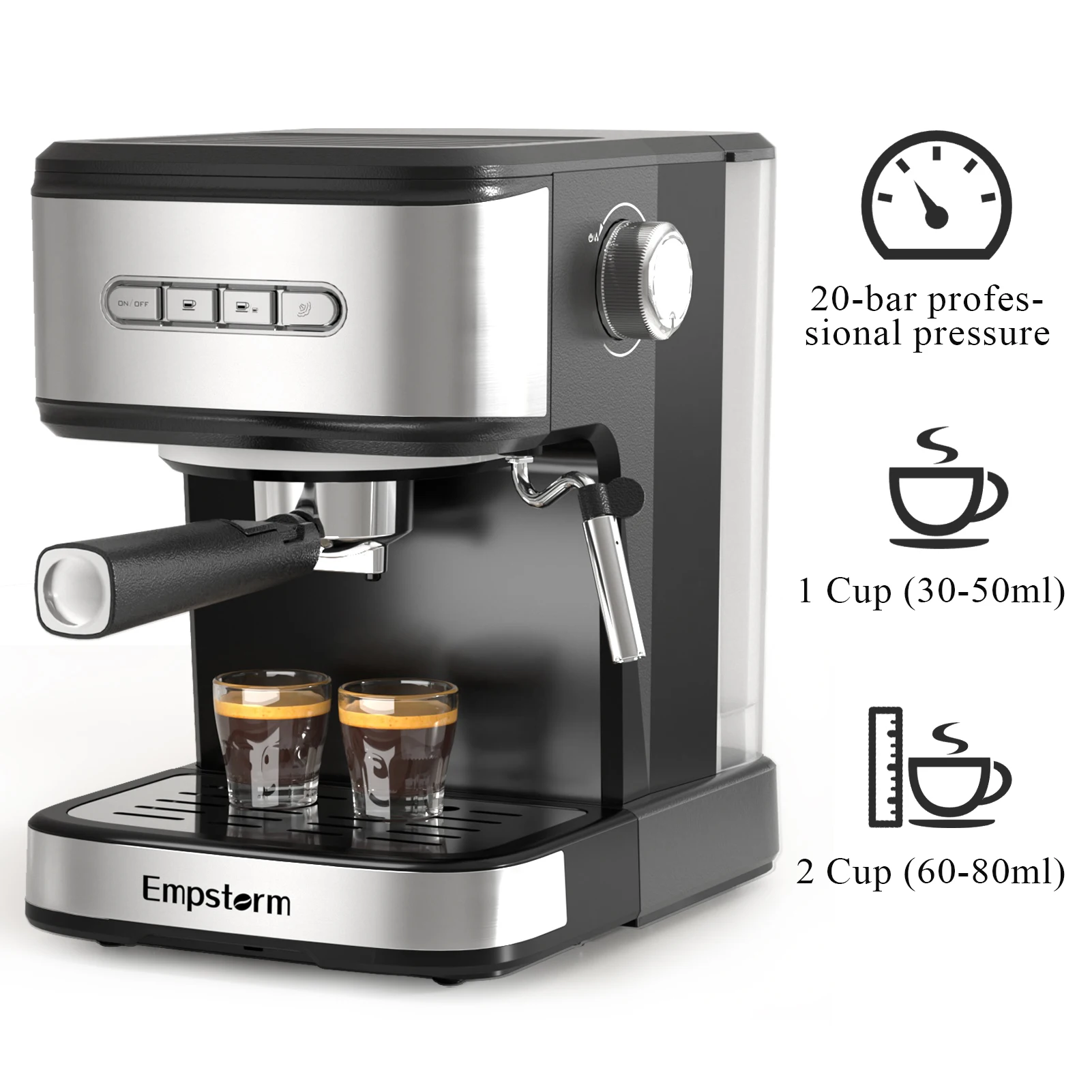 

20 Bar Semi-automatic Espresso Machine with Milk Frother Steam Bar, Coffee Maker for Lattes, Compatible with Coffee Capsule & Ground Bean, Stainless Steel Body, Built-in Cup Warmer, Complete Barista Accessory Set for Household Daily Coffee