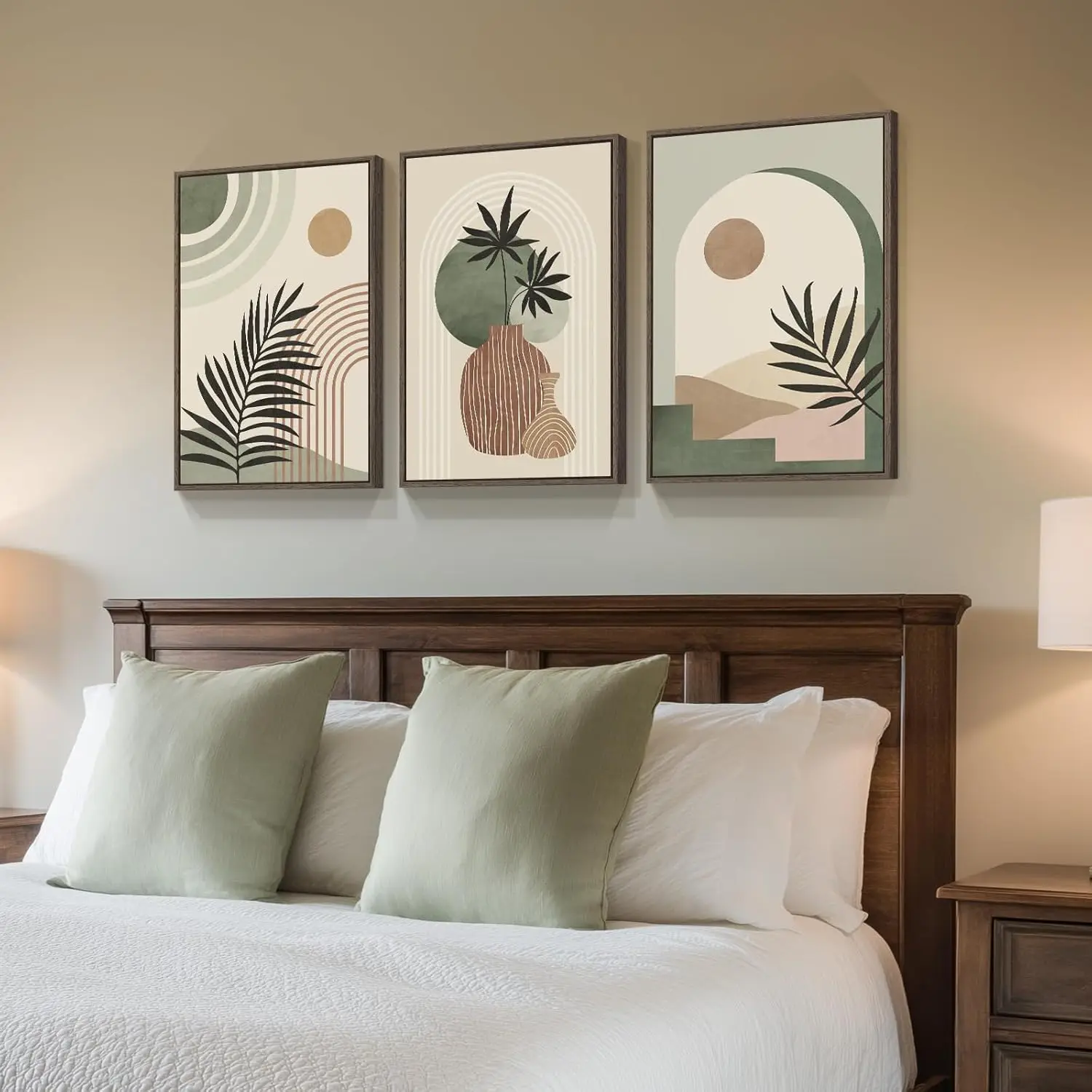 3pcs frameless Canvas Painting 3pcs/Set Bohemian Gray-green Wall Art Leaf Sun Canvas Poster Painting, Simple and Abstract Bedroo