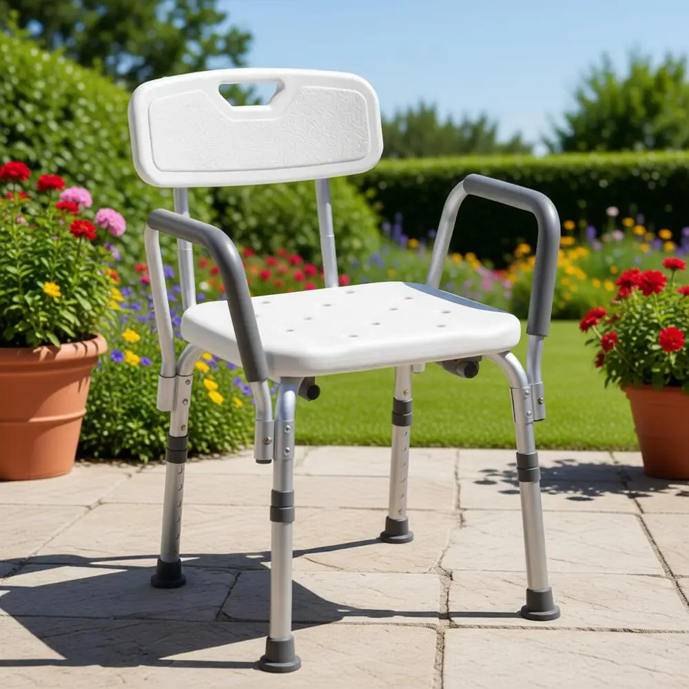 

Adjustable Height Shower Chair with Back Support and Padded Arms - Lightweight, Comfortable, 350 lb Capacity, White