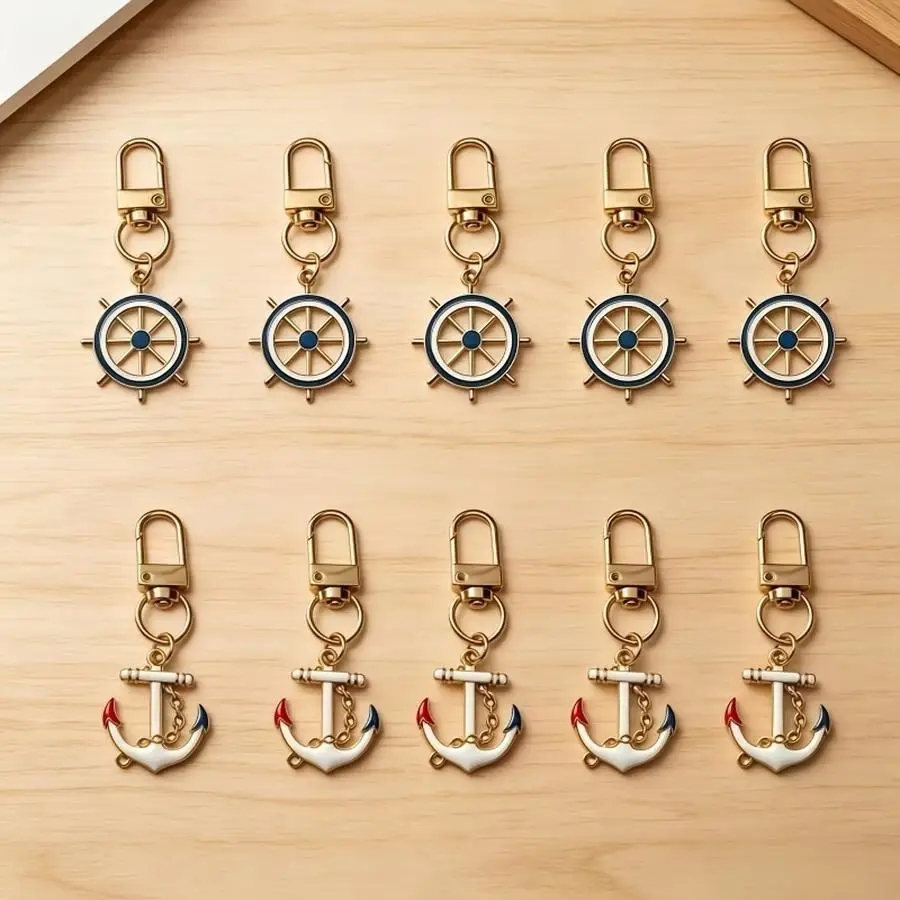 1/5/10/20/50/100pcs College Nautical Style Keychain Set, Enamel Ship Wheel And Anchor Charms, Suitable for Beach Trips And Daily