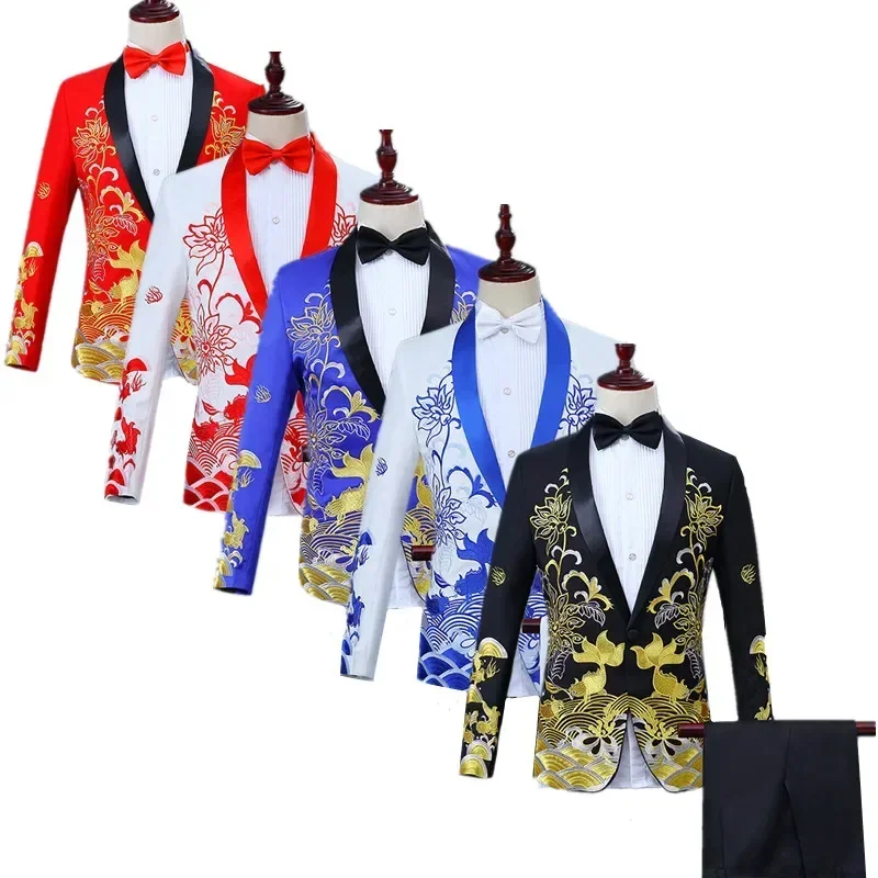 Embroidery Suit 2 Piece Black / Red / Blue Classic Men's Wedding Dance Party Dress Blazer Fashion Men Business Jacket and Pants