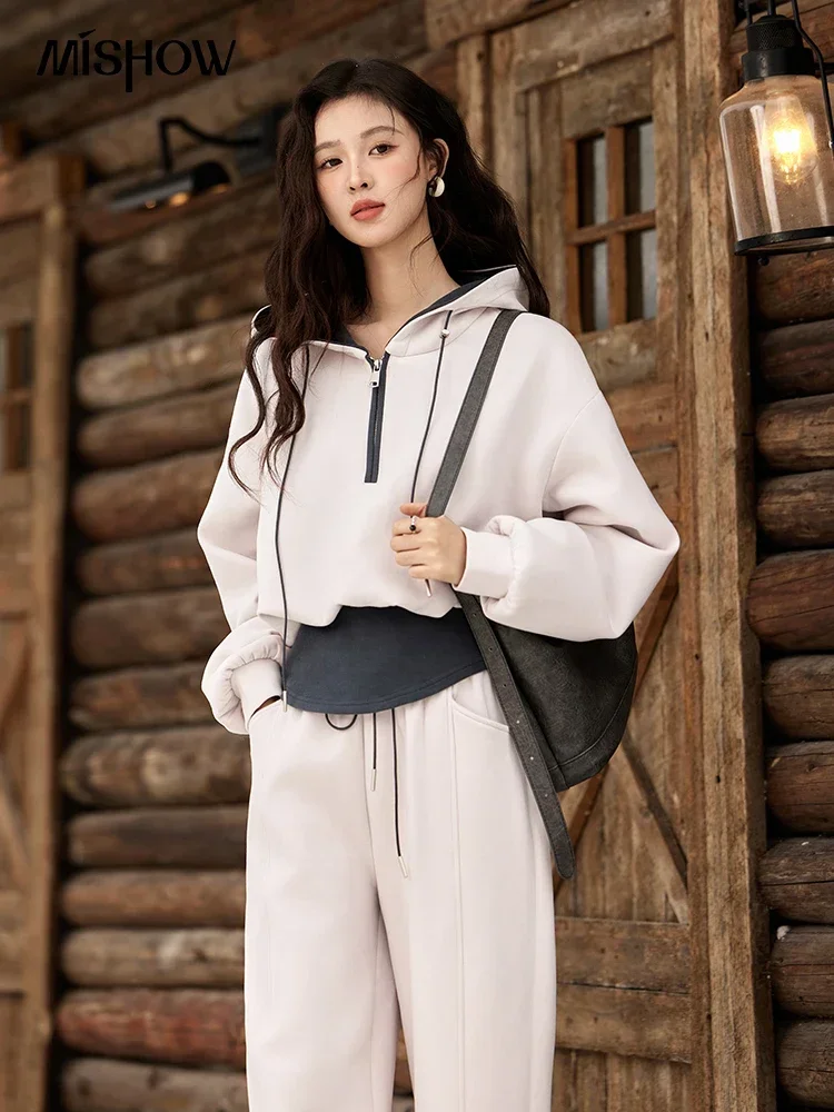 

MISHOW Sweatshirts Hoodie Pants Set Fake Two Piece Half Zipper Loose Long Sleeves Tops Casual Pants Women Fashion Set MXD59T0469