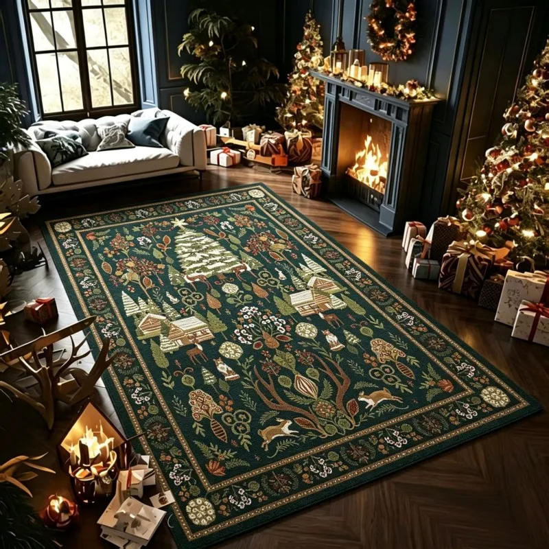 VIKAMA Cream Red Poinsettia Green Pine Area Rug Noise Reducing Machine Washable Living Room Pet Christmas Holiday Home Decor
