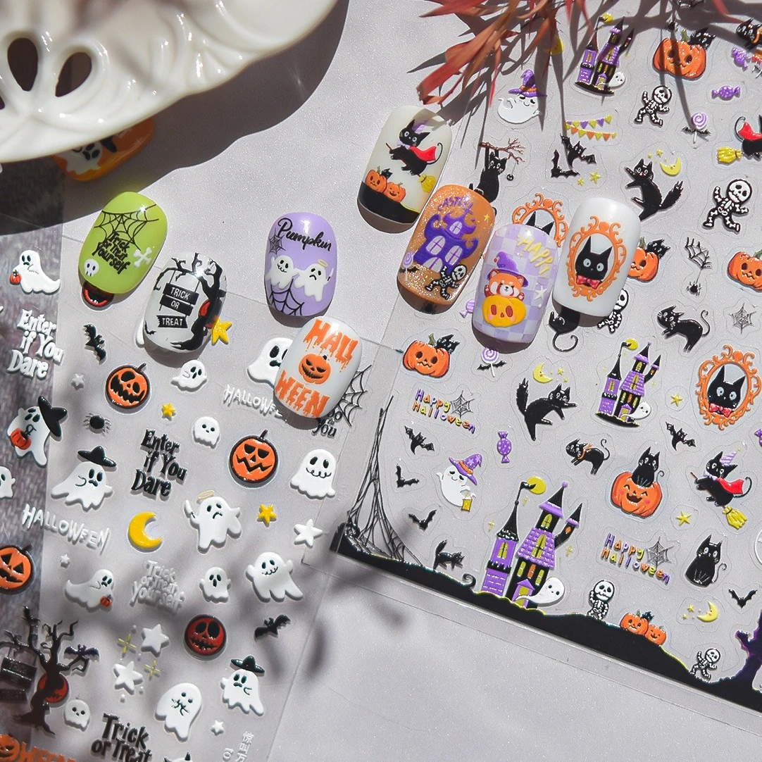 

Halloween Pumpkin Ghost Withered Tree Cat Castle Lesser Panda Broom Spider Web Candle Skeleton Nail Art Stickers Manicure Decals