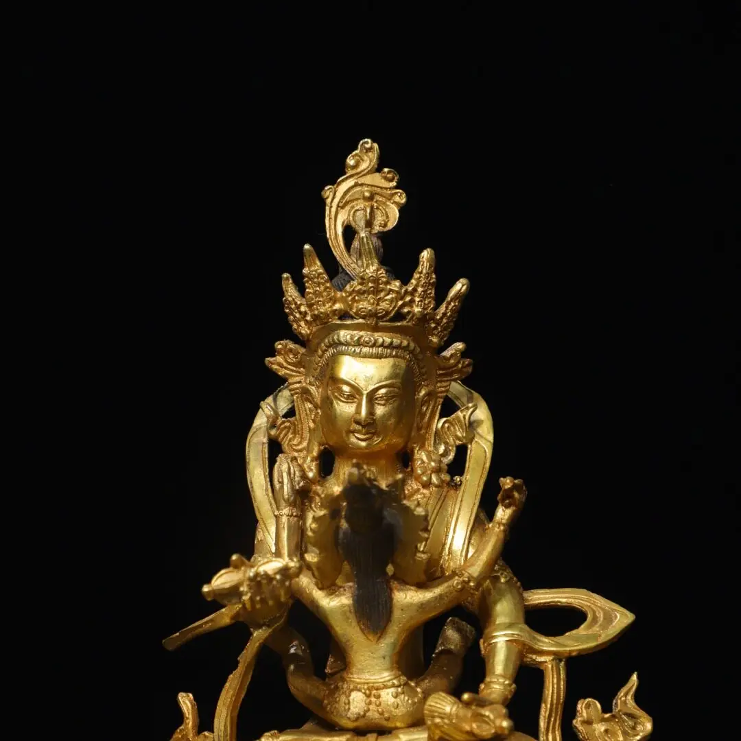 Antique Happy Buddha Brass Gold Gilded Yellow Jambhala Dual Deity Living Room Temple Desk Ornament Gift