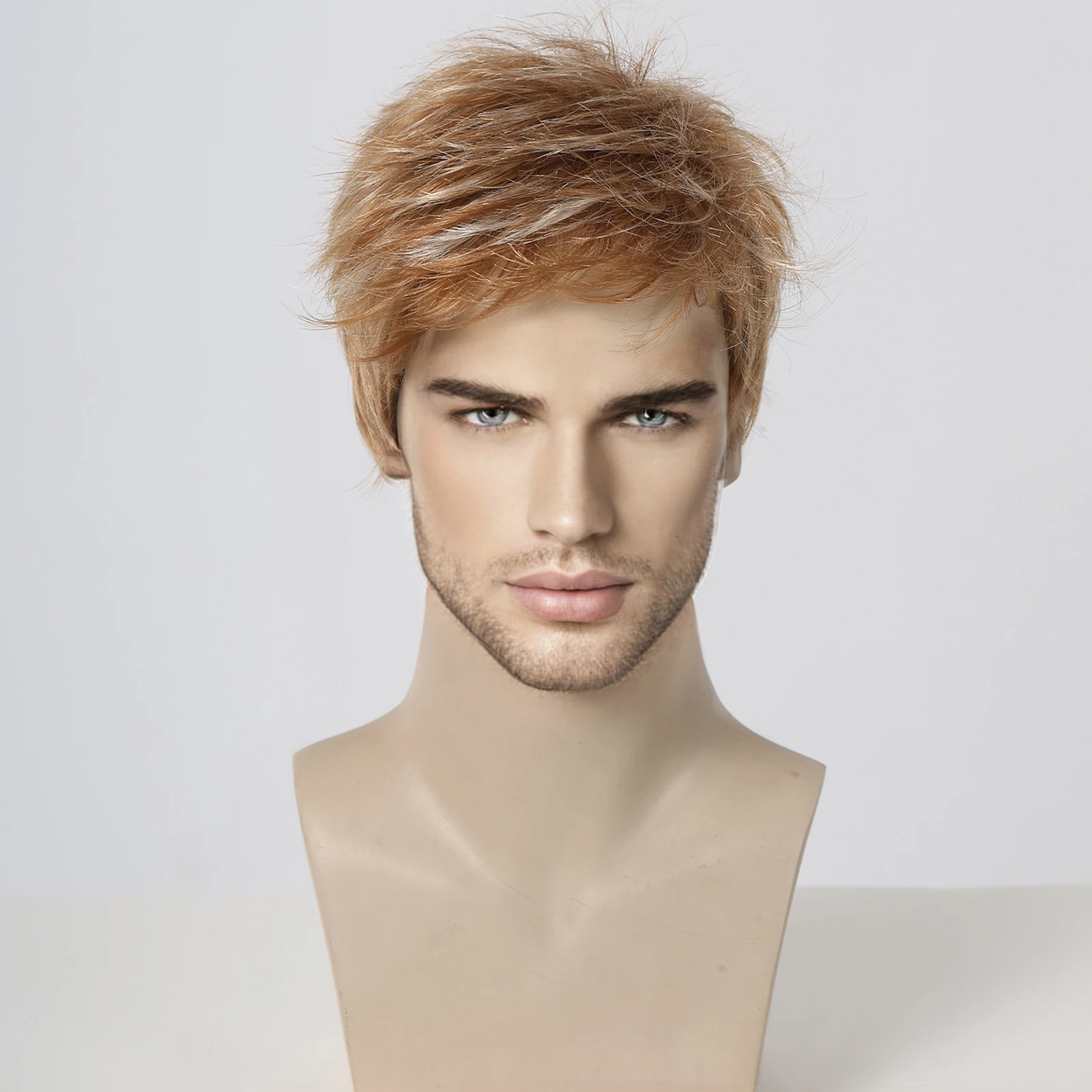 ALAN EATON Mixed Light Brown Men Wig Short Straight Natural Wigs Blonde Highlight Pixie Cut Hair Synthetic Wig for Daily Party