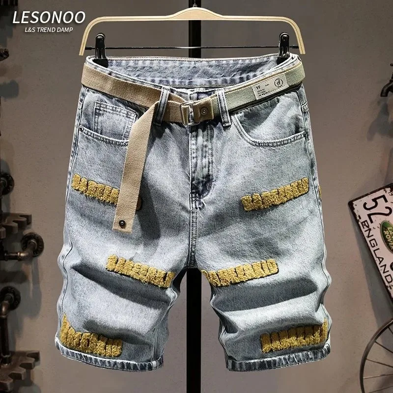 Tendência da moda verão impresso perna reta estiramento jeans masculino casual solto confortável retro esportes shorts de alta qualidade