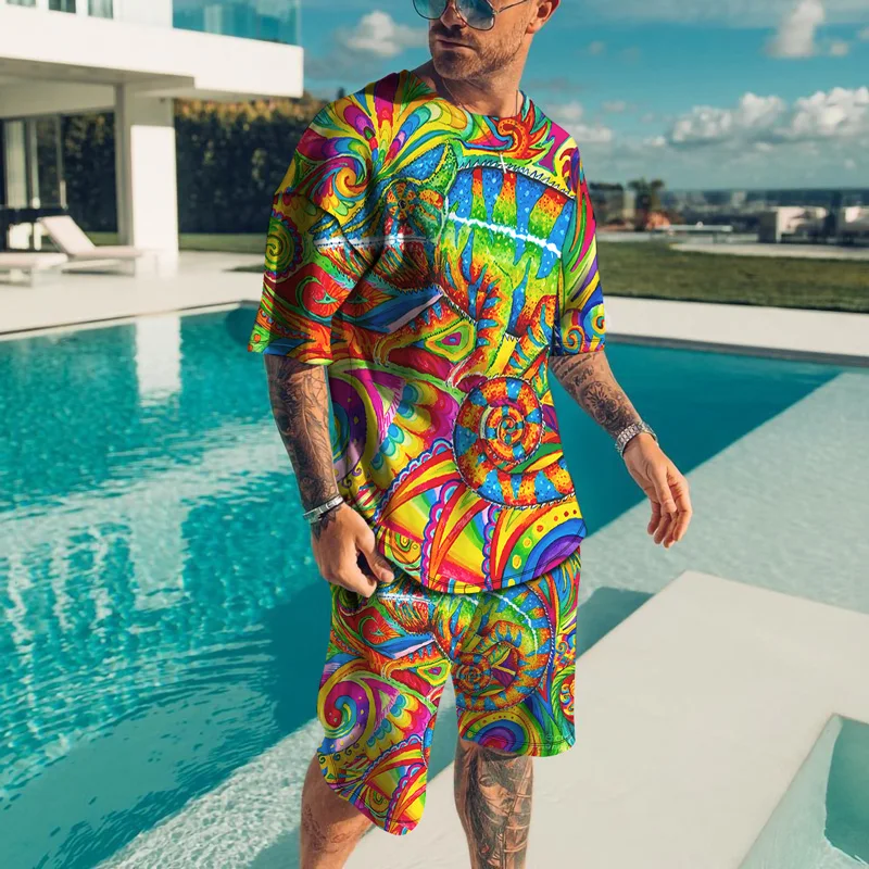 Summer Colorful Eye Graffiti Tracksuit 3D Printed Men Beach Short Sleeve T Shirt Set 2 Piece Outfits Sportwear Clothes for Men