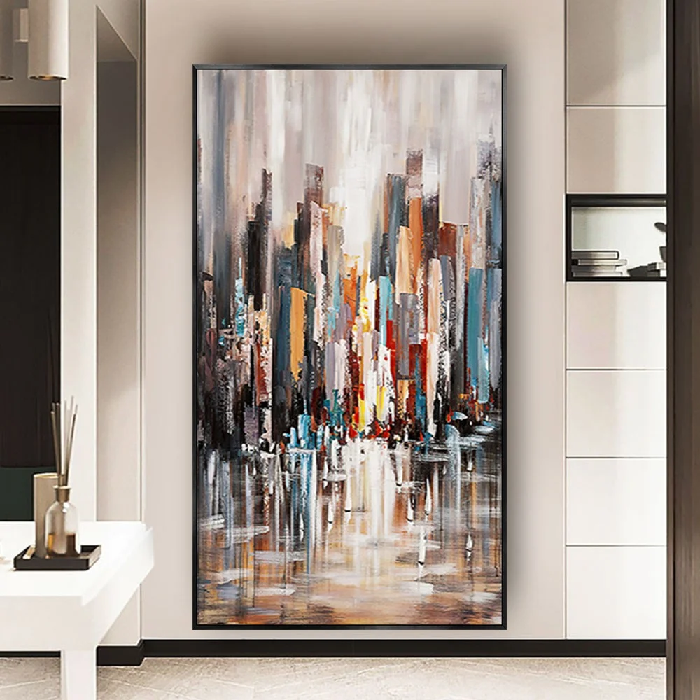 

100%Hand Painted Abstract Oil Paintings On Canvas New York Home Decor Neon City Pictures Large Wall Painting Art For Living Room