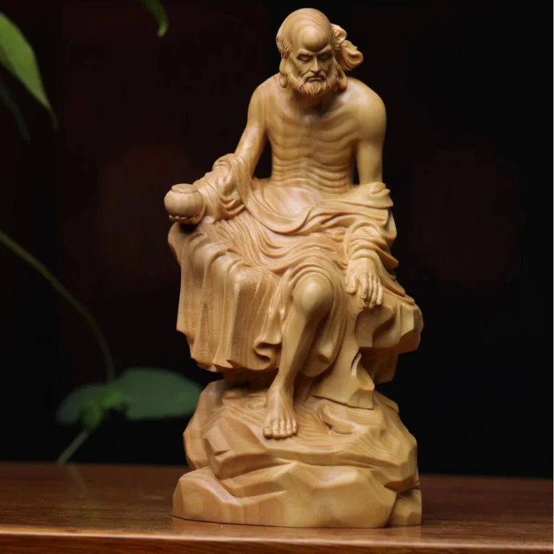 Small Leaf Boxwood Carved Bodhidharma Ancestor Statue Natural Wood Root Sculpture Buddhist Shrine Decor Asian Zen Art