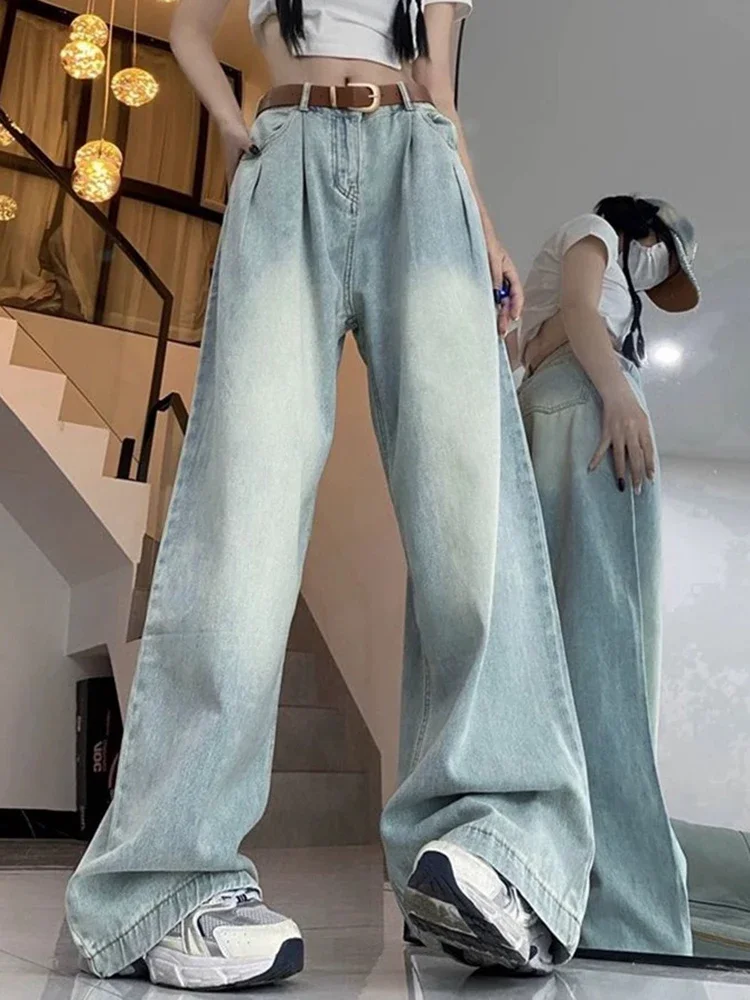 

Summer Blue Vintage Chic Washed Distressed Women Jeans Fashion High Waist Loose Casual Full Length Simple Female Wide Leg Pants