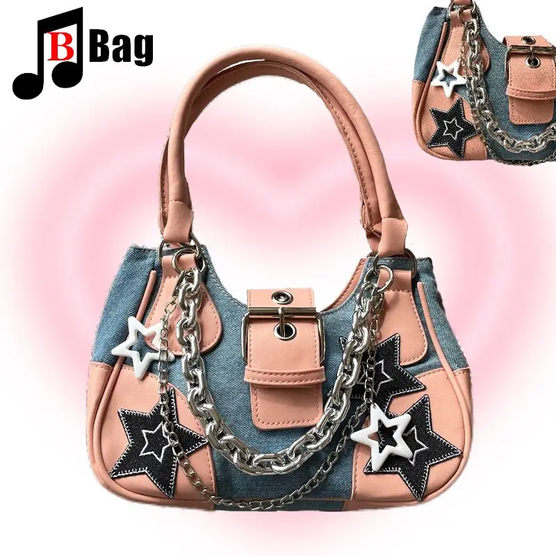 Y2k Spice Girl Women's Handbag Middle sense bump color PU Canvas Stars Gothic Punk Chain Sweet Pants Um ombro crossbody bag