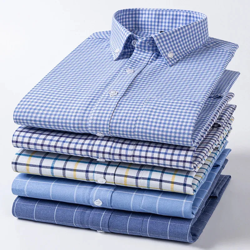 Men Oxford Fashion 100% Cotton  Long Sleeve Casual Slim Solid Color Plaid Print Stripe Formal Dress Shirt Plus Size