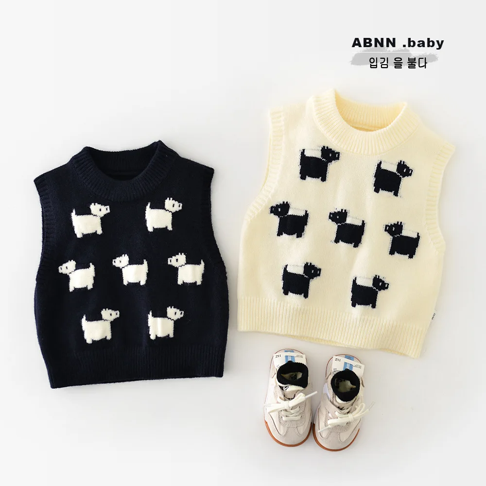 

Новинка 2023 года, осенне-зимний детский свитер без рукавов с рисунком собак, вязаный жилет для мальчиков и девочек, повседневный трикотаж