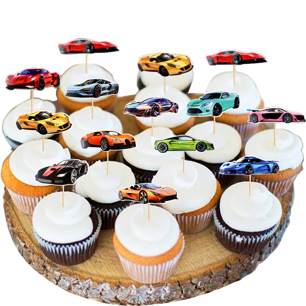 12 Uds. De adornos para cupcakes de coches de carreras, decoración para pasteles temática de coches de carreras, Baby Shower, niños y niñas, suministros para fiestas de cumpleaños y coches de carreras