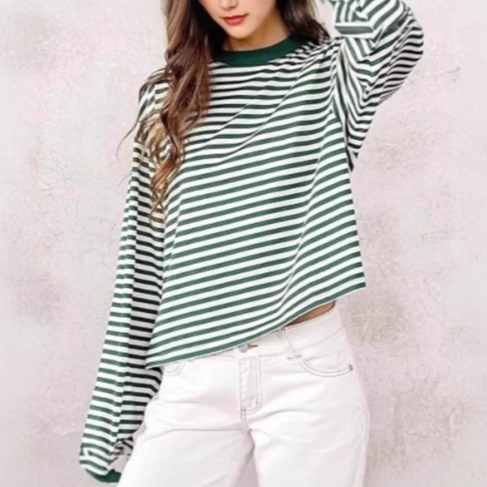 Women's Casual Printed Striped Long-sleeved T Shirt Spring And Autumn Fashion Loose Retro Simple And Versatile Female Tops 2025