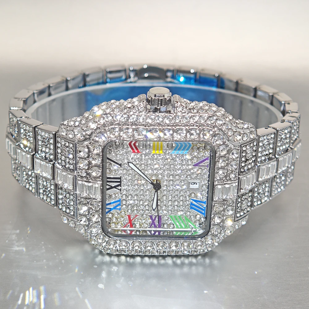 

Luxury Ice Out Watch For Man Fashion Roman Literal AAA Watch Hip Hop Diamond Square Wrist Watch Men Gift 2025 Hot Sale