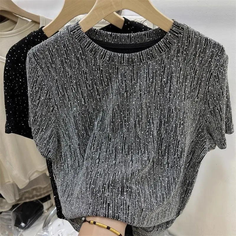 Summer New Round Neck Fashion Short Sleeve T-shirt Women High Street Casual Loose Bright Silk Pullovers Youth All-match Tops