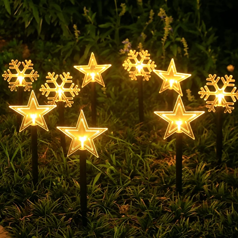 Solar Star Snowflake Pathway Lights, Warm White LED Christmas Garden Stake Lights, Waterproof Outdoor Decorative Lights for Yard