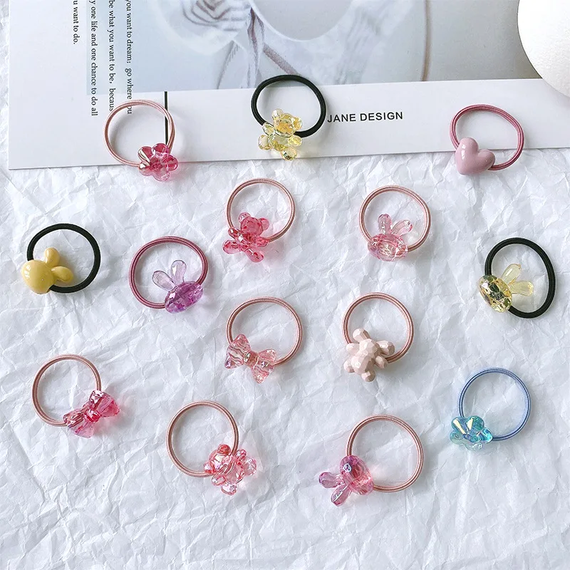 2pcs/set Kid Hair Band Korean Style Cute Sweet Floral Heart Bear Crystal Hair Rope for Baby Girl Little Girl Hair Accessories