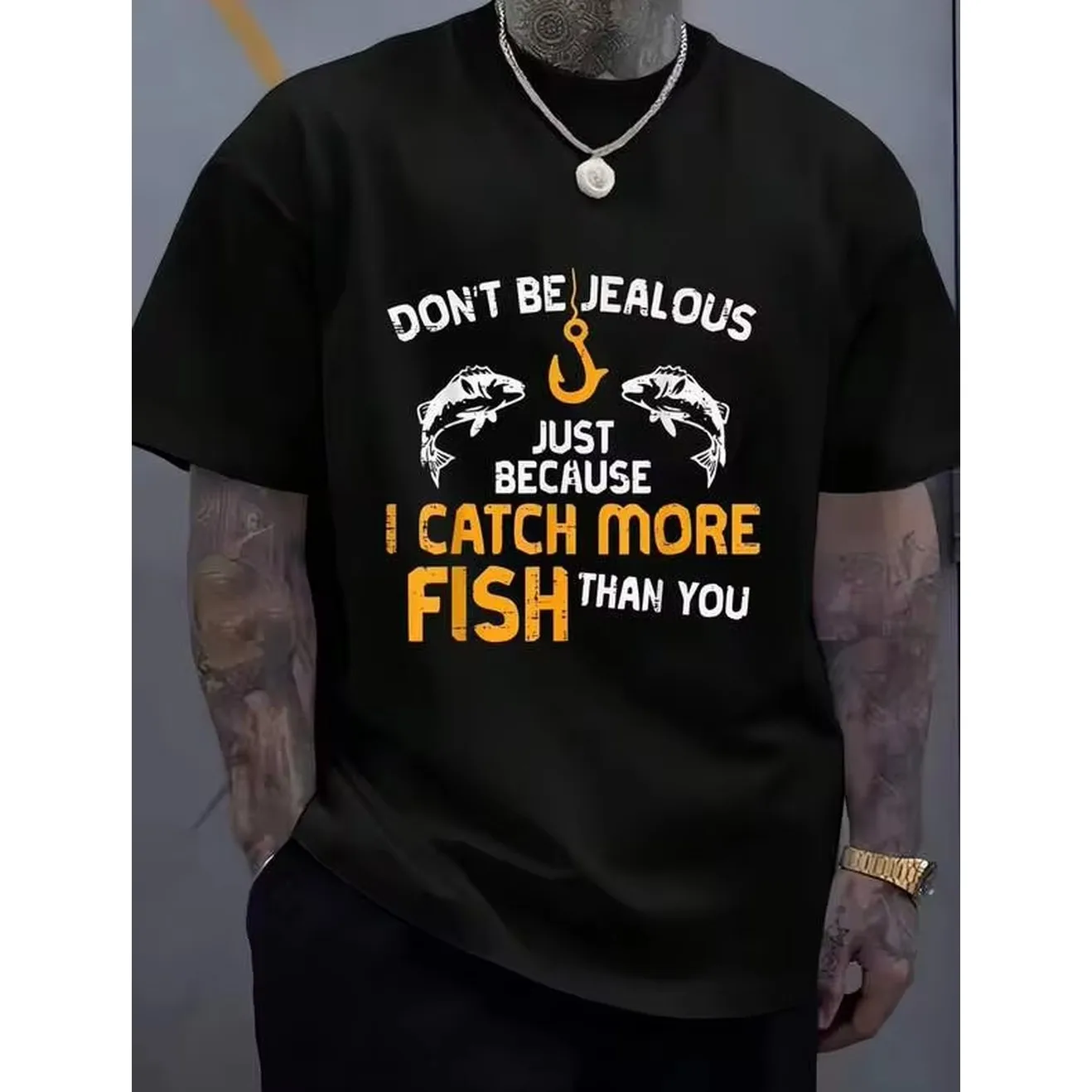 Men's Black Funny Fish & Fishing Hook Graphic Cotton Tee, Crew Neck Medium Stretch Regular Fit Short Sleeve Casual Top For Boys & Men