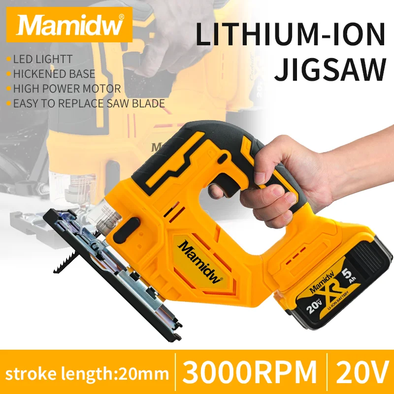 Mamidw Cordless Jigsaw (Tool Only) Compatible with DW 20V Battery, -0°-45° Bevel Cutting, 3 Orbital Settings & LED Guide | Preci