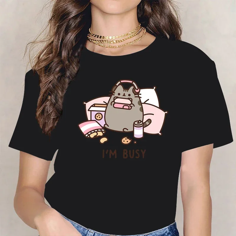 T-shirt artı boyutu sokak üstleri yaz kadın Tee üzgünüm ben meşgul kedi kulaklıklar ile oyun oynarken T Shirt kadın rahat boy