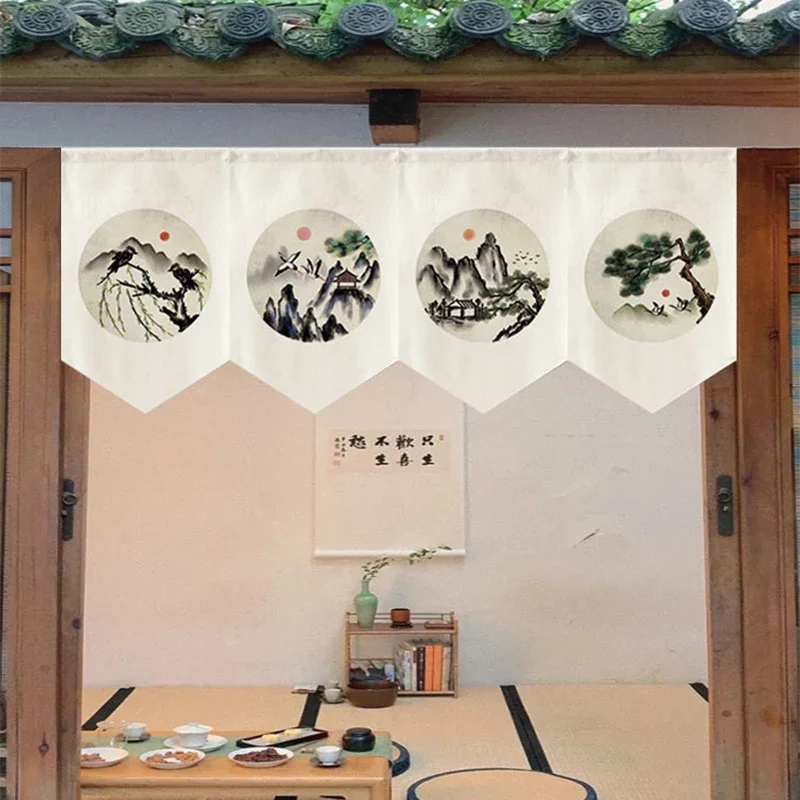 Retro Teahouse Partition Curtain Chinese Ancient Style Landscape Printed Door Head Short Curtain Tea Room Signboard Hanging Flag