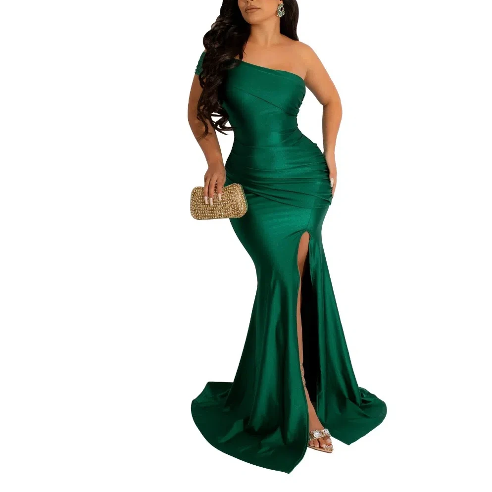 Green One Shoulder Dress Side Slit Women Elegant Luxury Designer Evening Party Dresses Pleated Split Long Dress Prom Vestidos