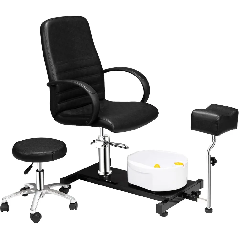 Chaise de pédicure noire avec tabouret et bain de pieds à bulles, chaise Pedi hydraulique pour module d'ongle, station de salon de spa de beauté