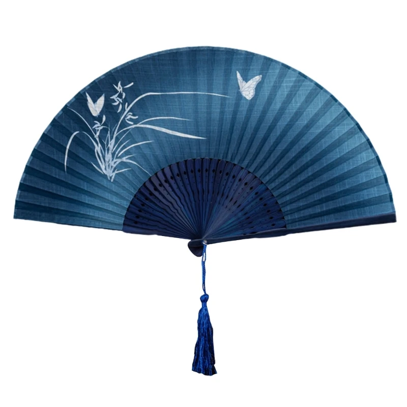 Classical Chinese Cultural Butterfly Pattern Folding Fan and Cotton Linen Handheld Fan with Tassels for Collectors