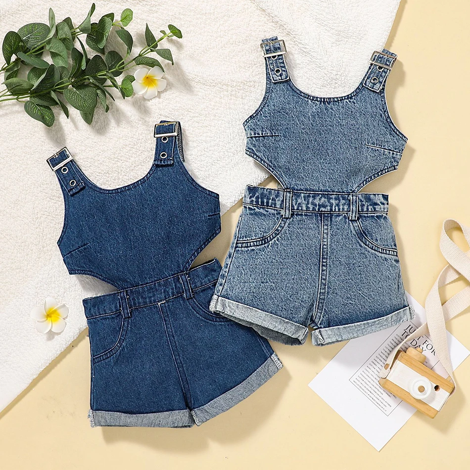 

Children Clothing Girls Jumpsuit Summer Children Fashionable And Comfortable Sleeveless Denim Jumpsuit Shorts Children Sets New