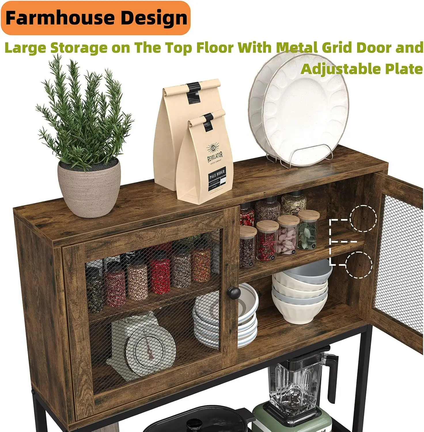 Scaffale da cucina a 6 livelli con presa, supporto per microonde industriale e ripiano portaoggetti (marrone rustico)