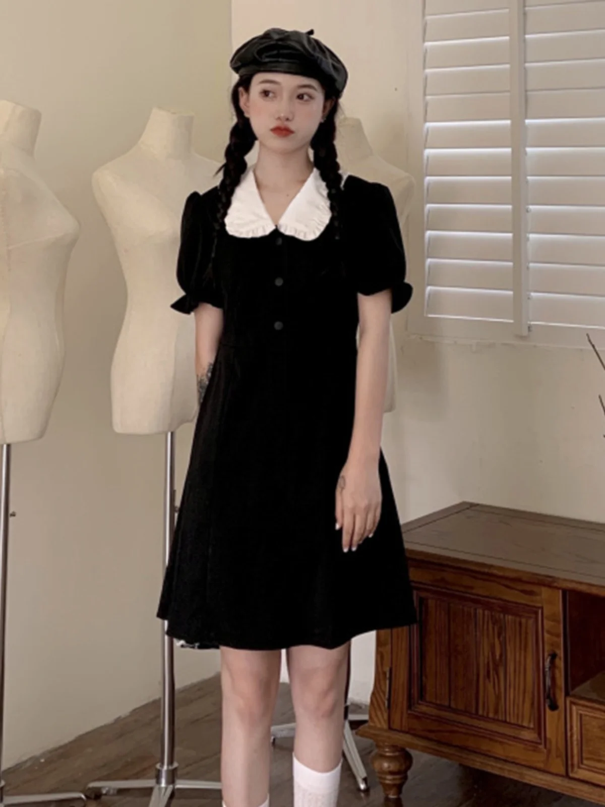 

plus Size Summer Dr Hide Meat Young Looking A-Line Bla Dr High Waist Button Detail Korean Sle Commute Wind Long Sve