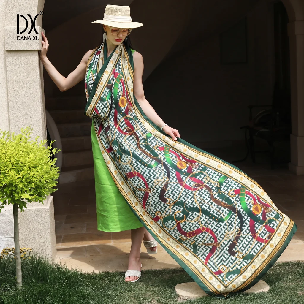 DANA XU 100% Natural Silk Scarf Women Luxury Green Houndstooth Chain Print Large Satin Shawl Wrap Beach Cover Up Foulard Gift