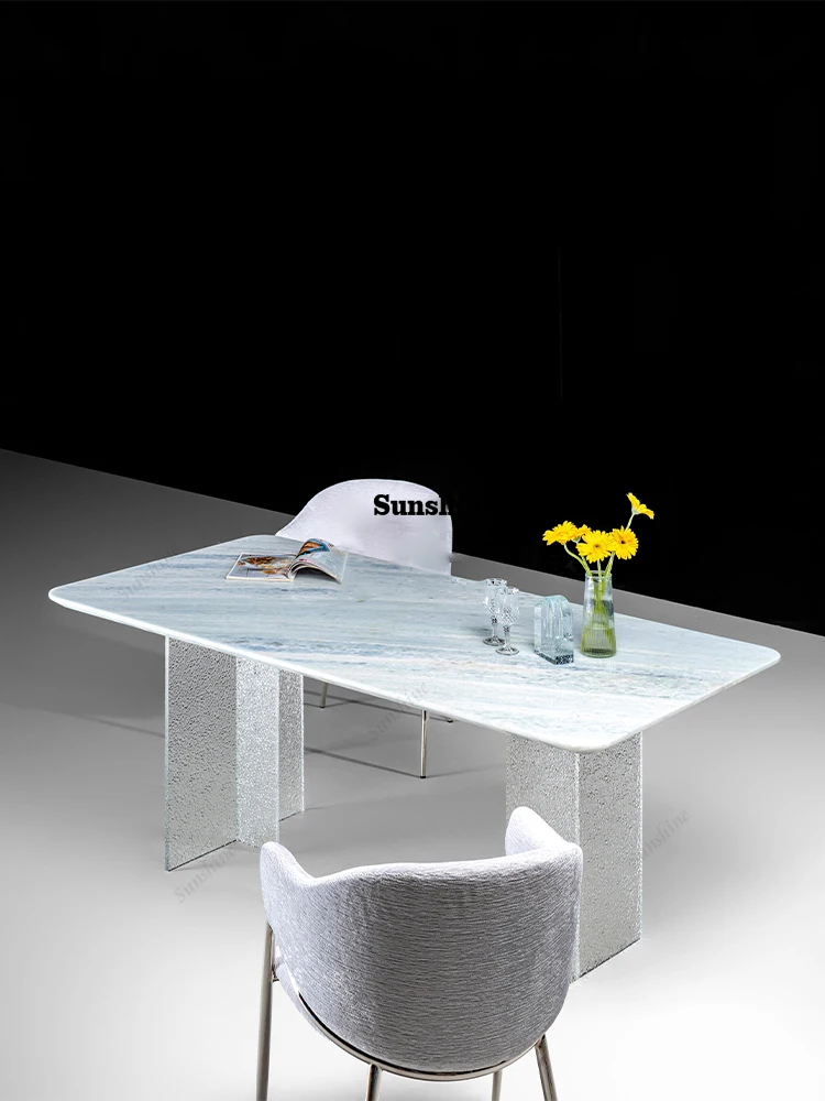 Brazilian Blue Crystal Stone Dining Table, Italian Minimalist Acrylic Base Design, Scratch Resistant, Master Design, Customize