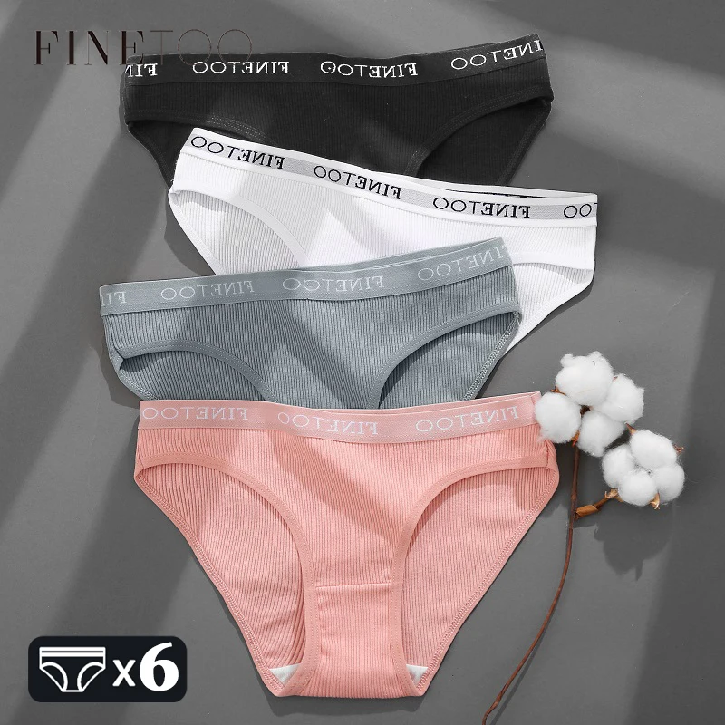 FINETOO 6Pcs Cotton Striped Underwear Women\'s Panties Letter Belt Briefs Ladies Low Waist Lingerie Solid Breathable Underpants