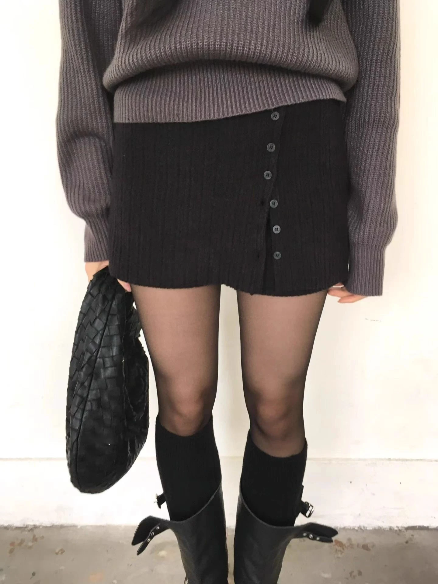 

High Waist Bla Fake Two-Piece ort Skirt Pants Women's Autumn Winter Warm Slit Button Anti-Light Base Layer Pants Outerwear